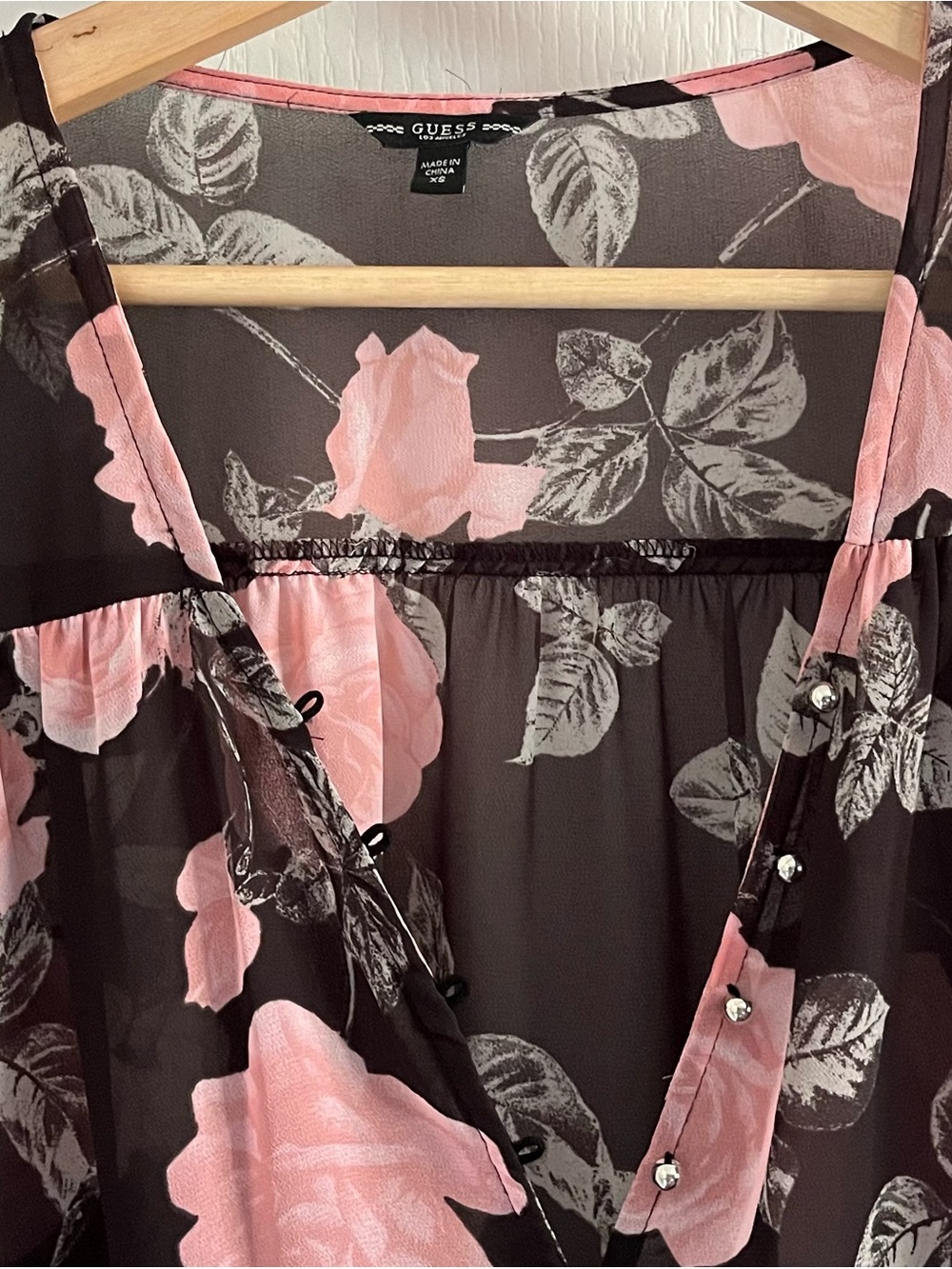 Guess Black Sheer Blouse with Pink Floral Print XS - Picture 4 of 13